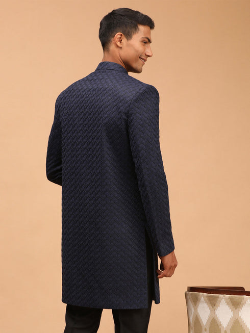 Vastramay Men's Navy Blue imported Jacquard Self Design Sherwani Only Top
